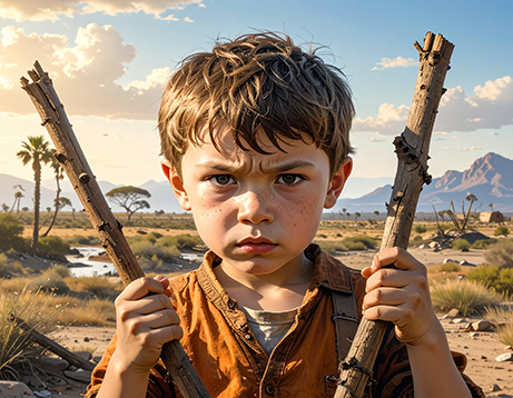 Boy breaking a stick.