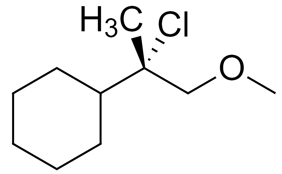 The structure one can draw following the directions. The structure has a cyclohexane ring, a methyl ether, a wedged methyl group and a dashed chlorine bond.