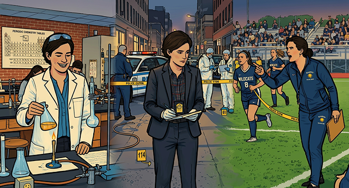 A image of a teacher, detective and coach.